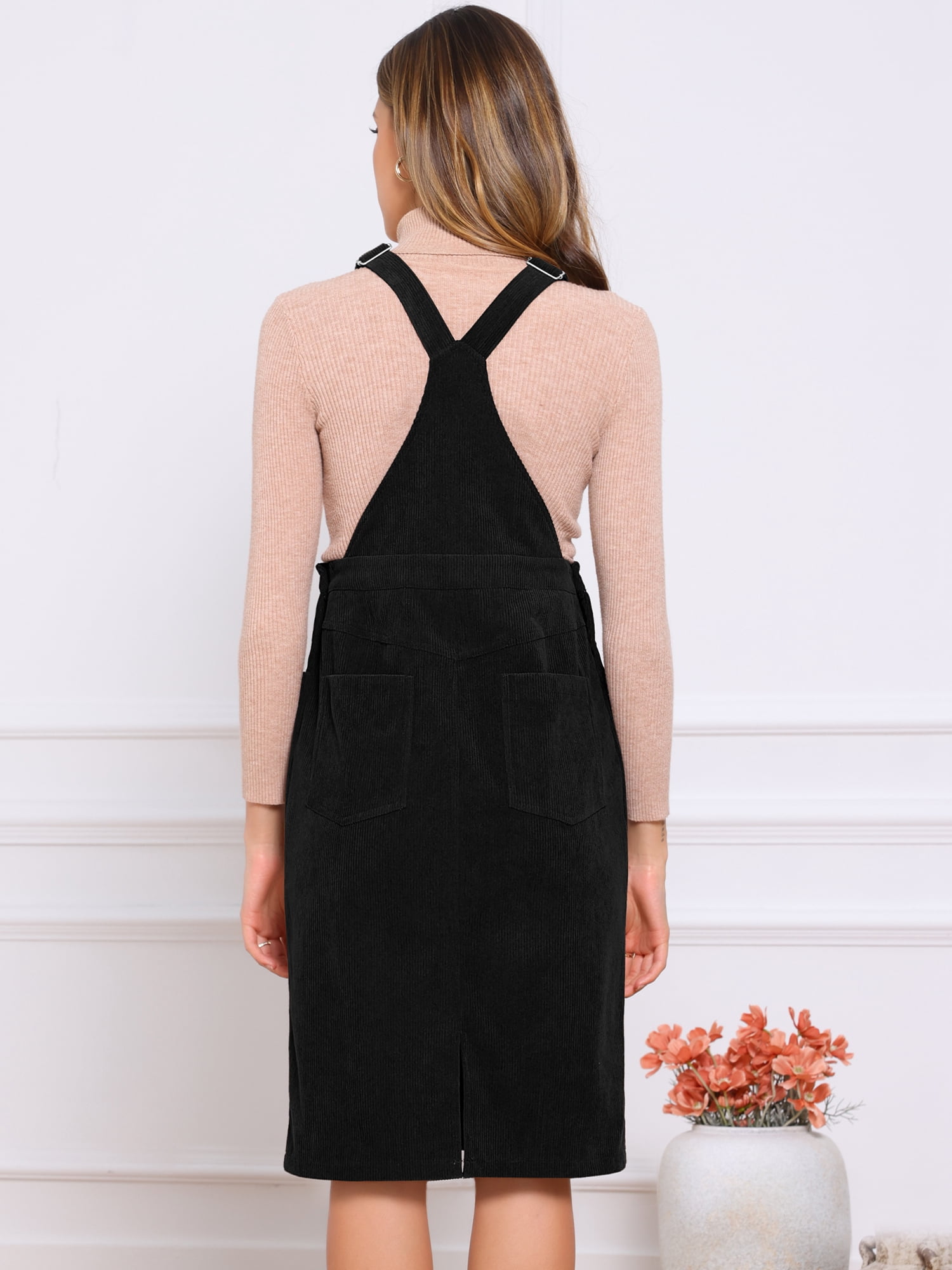 DARING DIVA Midi Pinafore Dress with Adjustable Straps and Pockets X-Large Black