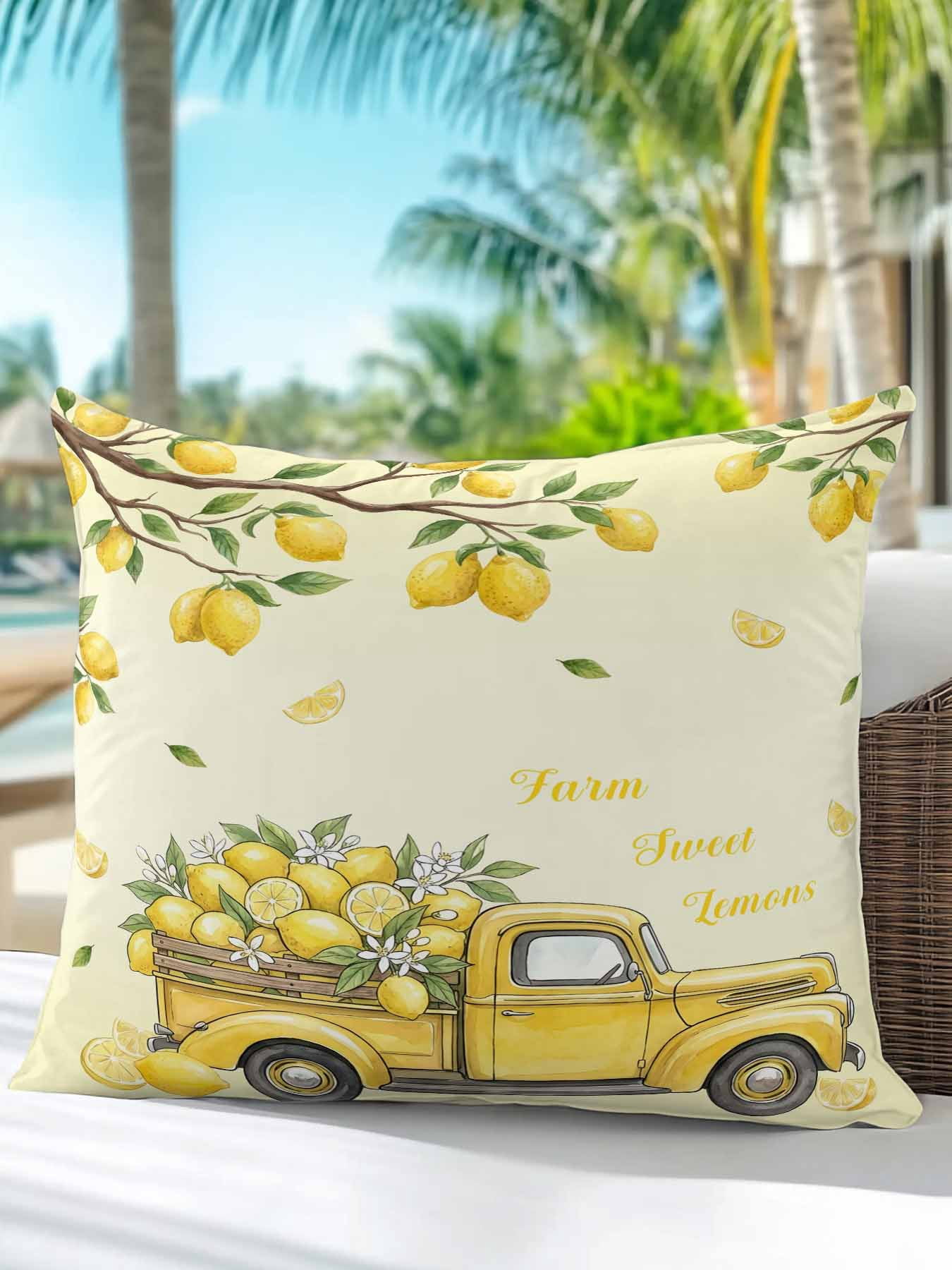 1 Pack Outdoor Pillows Waterproof, Lemon Truck Indoor/Outdoor Throw Pillows with Inserts, Summer Tropical Lemon Fruits Yellow Decorative Pillow for Patio Furniture Chairs Couch