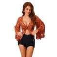 thumbnail image 4 of Women's Floral Print Boho Blouse - Deep V-Neck, Ruffled Crop Top with Bow Tie & Bell Sleeves, 4 of 7