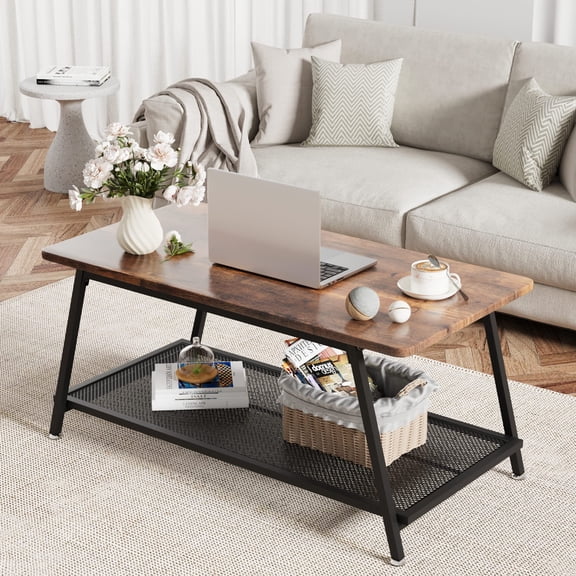 Coffee Table Industrial Center Table 2-Tier Living Room with Mesh Shelf Rectangle Wood Cocktail Table Metal Frame, Easy to Assemble, Rustic Brown