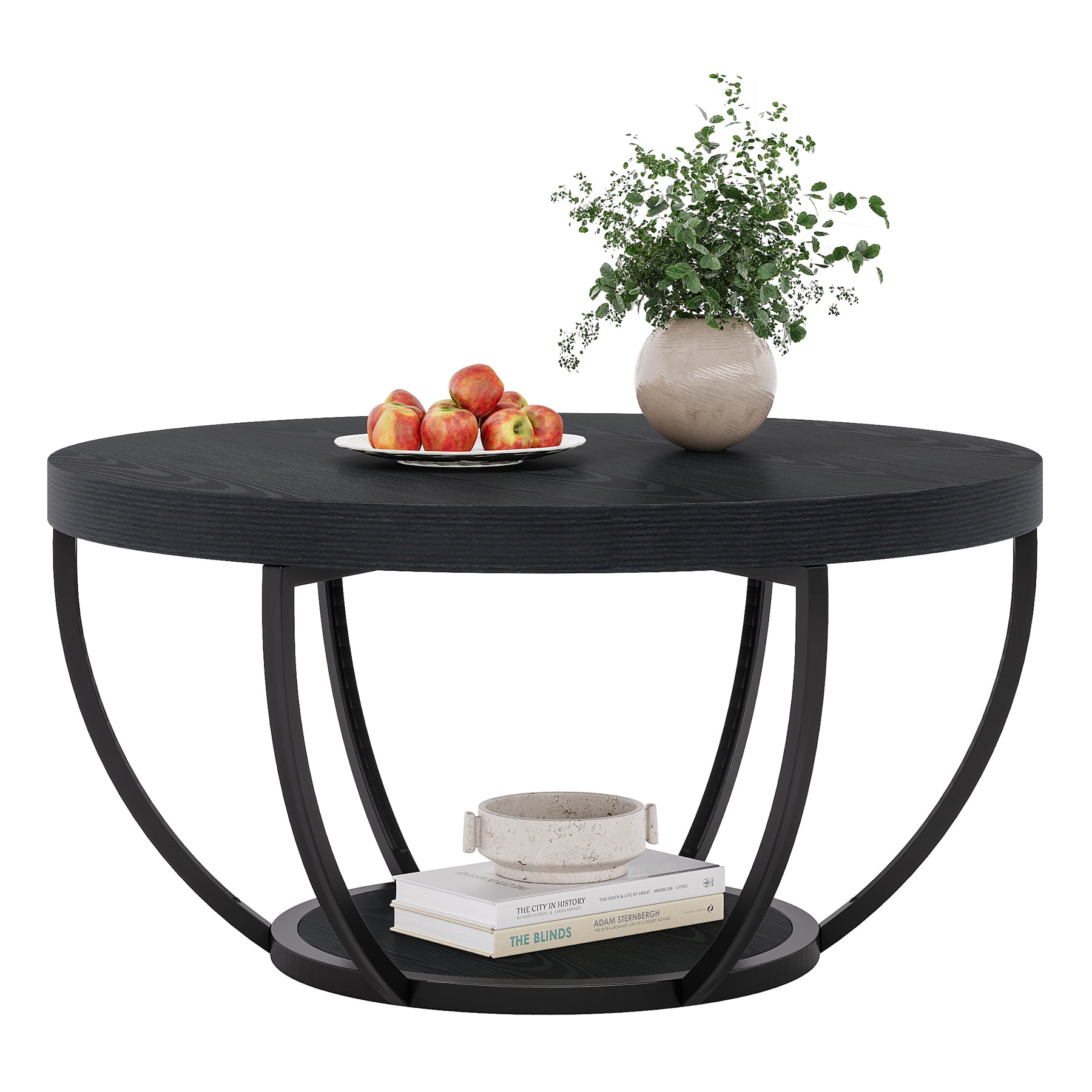 Fnova Coffee Table with 2 - Tier Storage, 32" Round Wood Coffee Table with Metal Legs, Modern Rustic Style Center Table for Living Room, Dark Black