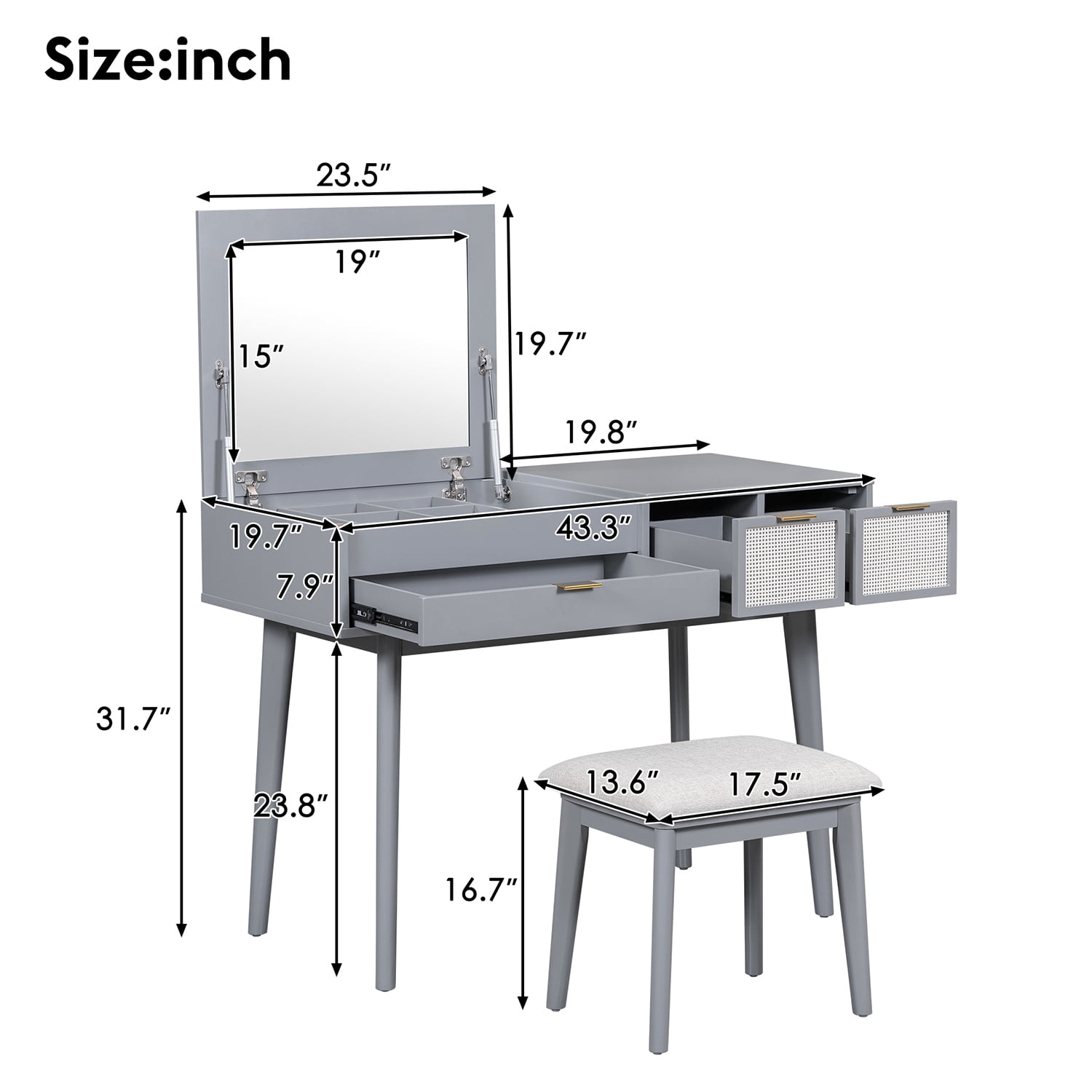 Resenkos 43.3" Classic Wood Makeup Vanity Set with Flip-top Mirror and Stool, Dressing Table with 3 Drawers, Gray Resenkos 43.3" Classic Wood Makeup Vanity Set with Flip-top Mirror and Stool, Dressing Table with 3 Drawers, Gray