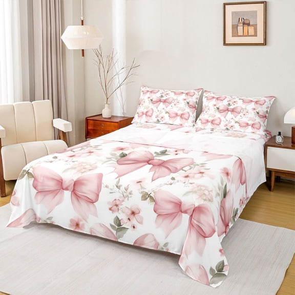Homewish Cartoon Bowtie Ribbon Twin Sheet Sets,Rustic Flower Floral Twin Fitted Sheet,Pink White Flat Sheet For Girls Kids,Ultra Soft Home Decor,3pcs
