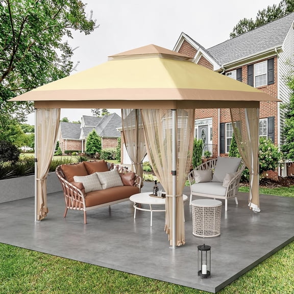GAOMON 12'x12' Gazebo Outdoor Pop up Canopy Tent with Curtains and 144 Square Shelter for Patio,Backyard Party, with Mosquito Netting, 2-Tiered Vented Top (Beige)
