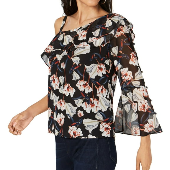 I.N.C Womens Asymmetric Floral One Shoulder Blouse, Black, X-Small