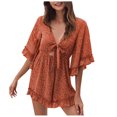 thumbnail image 1 of Conjunto Corto para las Mujeres Impreso Trompeta Mangas Cuello en V Cintura Alta Mono, Monos de Mujer Casual, 1 of 5