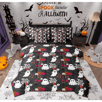 Feelyou Halloween Ghost Twin Bedding Sets 7-Piece for Kids, Kawaii Black Cat Bedding Comforter Set, Gothic Pumpkin Bat Reversible Sheet Sets, Breathable Home Decor