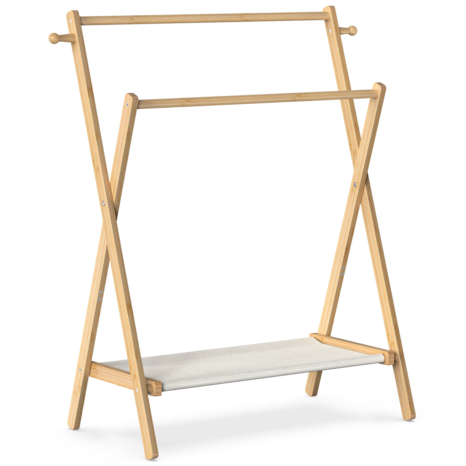BAMBOOHOMIE Kids Clothes Rack, Bamboo Small Clothing Rack with Storage Shelf & 2 Rods, Foldable Child Garment Rack for Hanging Clothes, Regular Size