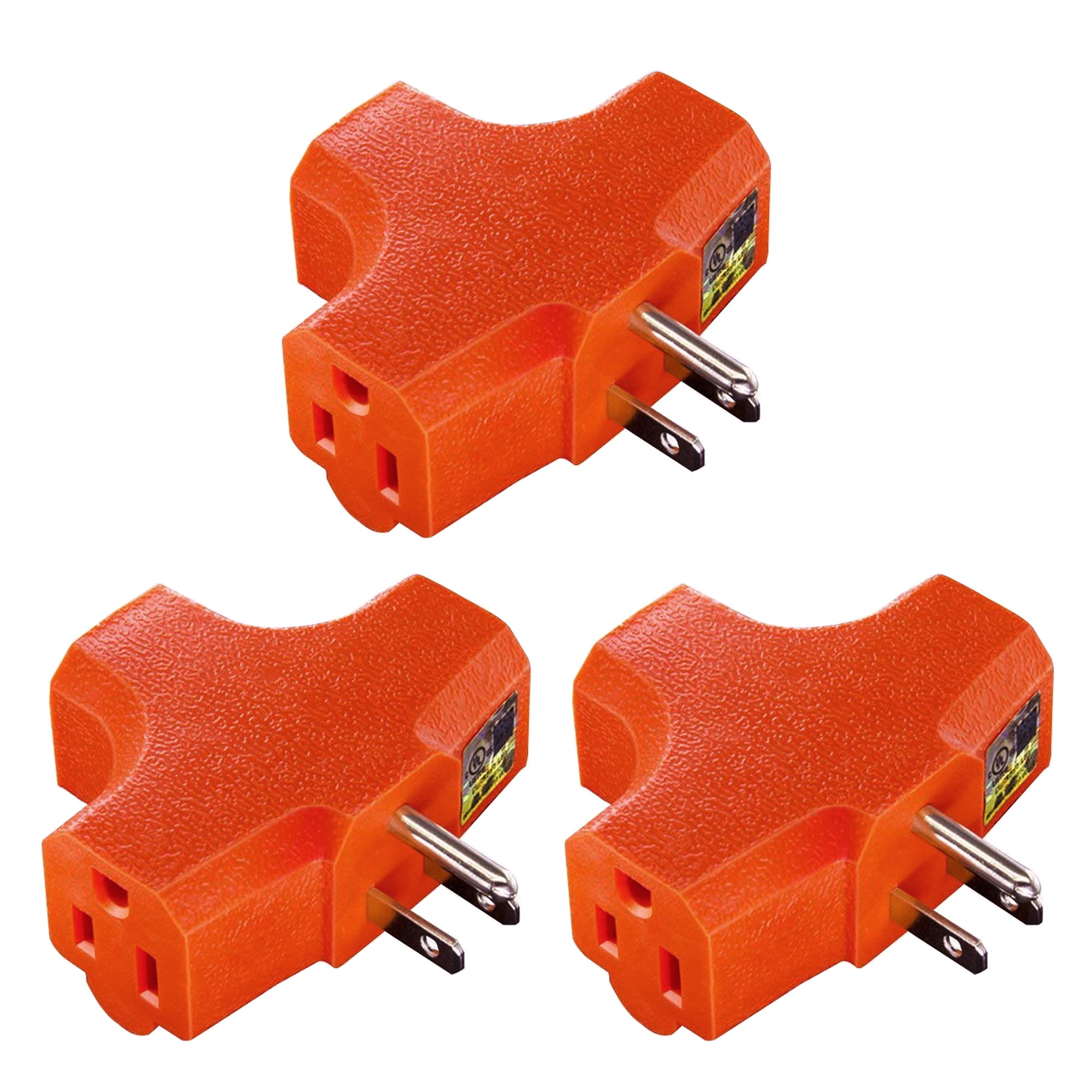(3-Pack) Uninex T-shape Triple (3) Outlet Heavy Duty Grounded Wall Plug Tap Adapter Orange
