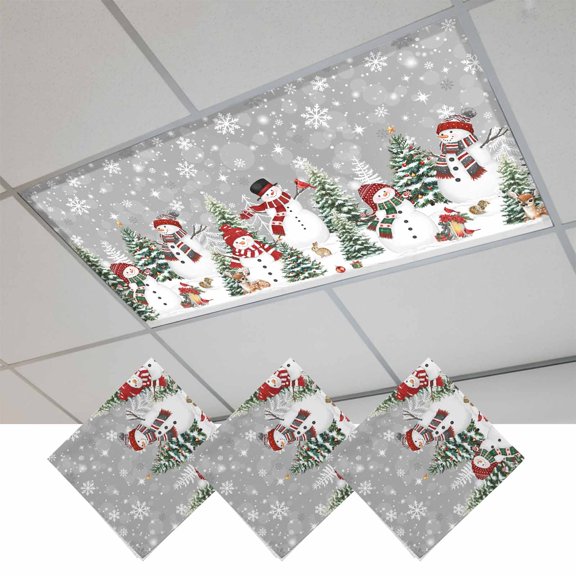 Grey Christmas Fluorescent Light Covers, Snowman Xmas Tree Snowflake Winter Magnetic Light Covers for Ceiling Lights, Fluorescent Ceiling Shade Filters for Classroom Bedroom Office 4x2Ft x 3PCS