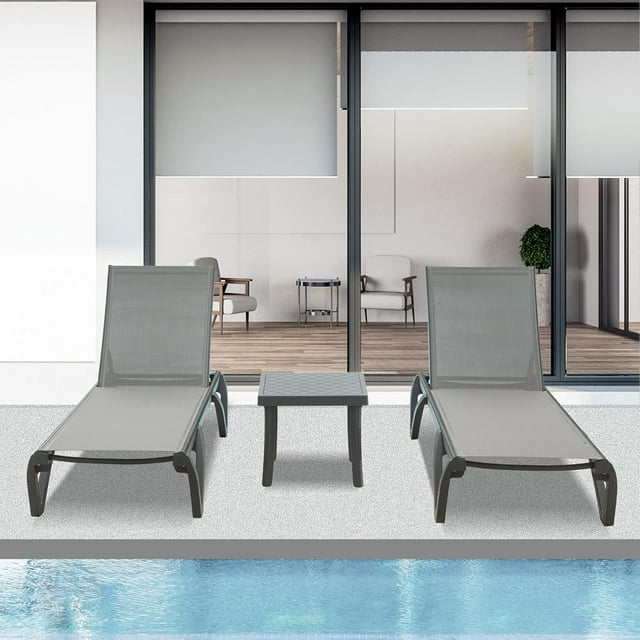Domi Aluminum Chaise Lounge Set of 3, Adjustable Pool Recliners with Wheels & Side Table, All-Weather Textilene for Patio, Deck, Backyard, Gray