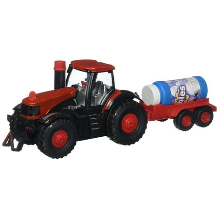 - Super Cool Bubble Blowing Battery Operated Toy Tractor w/ Lights, Sounds, Funnel, & Bubbles, Bubble Farm Tractor Truck Toy Bump & Go Bubble Blowing Tractor Truck Carrying Trailer