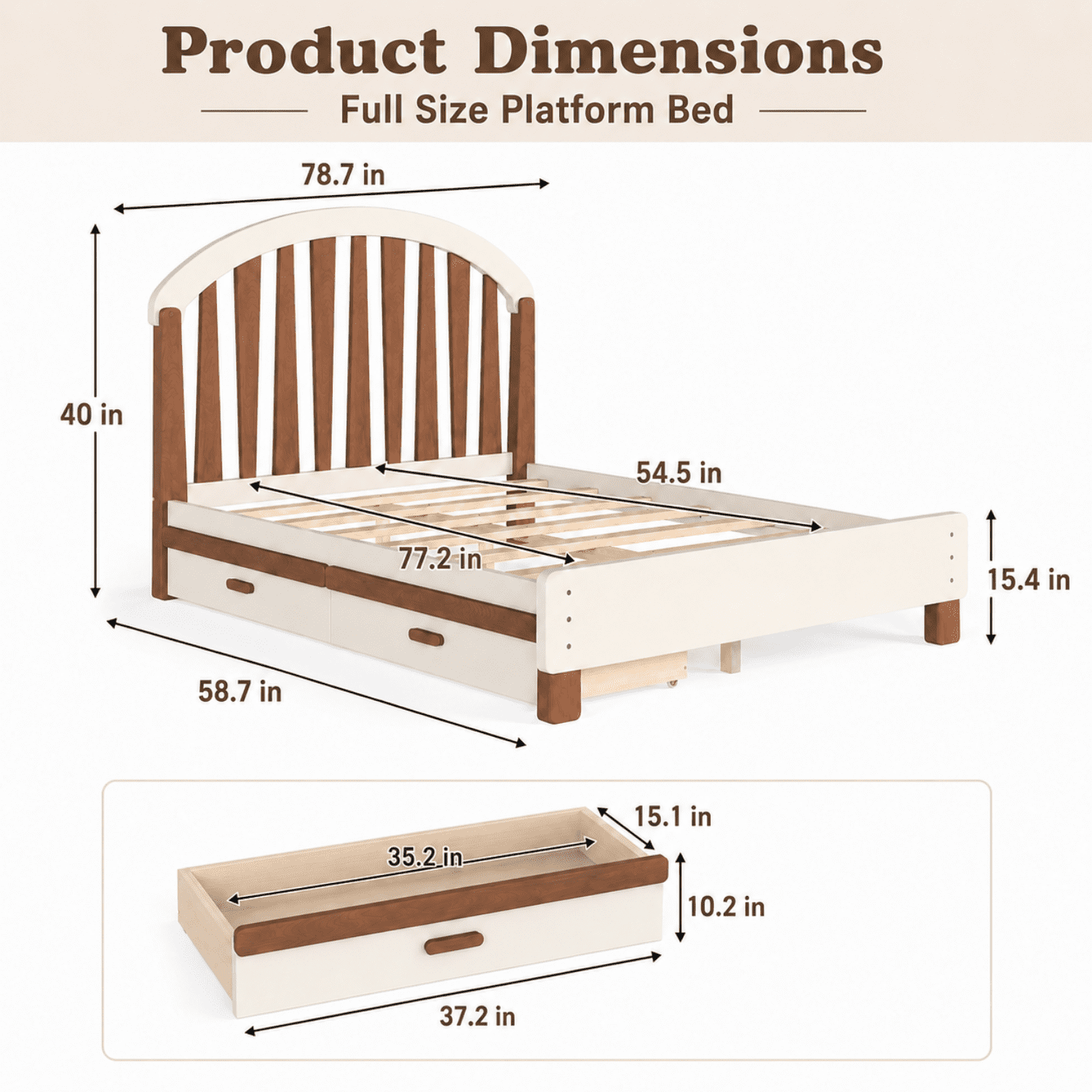Miniyam Full Size Kids Bed Frame with Storage Drawer, Wooden Platform Bed, Beige & Natural