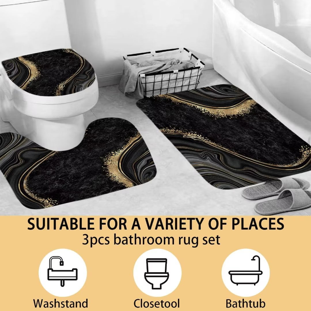 4Pcs Luxury Marble Shower Curtain Sets, Bathroom Set with Shower Curtain,Toilet Lid Rug, Contour Mat and Bath Mat, Shower Curtain with 12 Hooks for Bathroom Sets Decor 72 x 72 Inch, Black