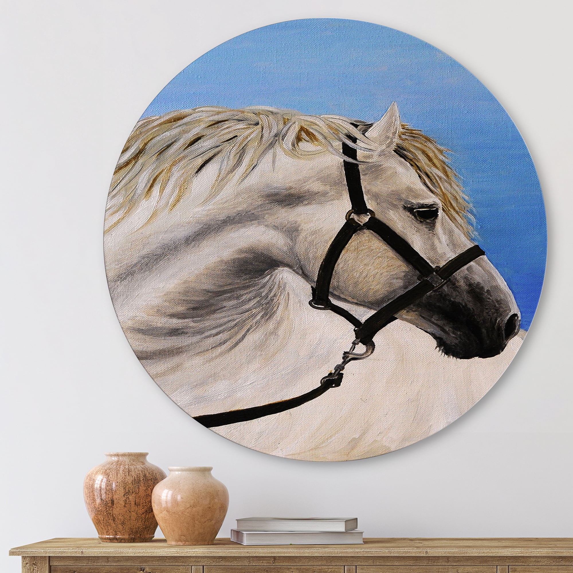 Designart 'Close Up Of White Horse In The Furrow' Farmhouse Circle Metal Wall Art 11x11 - Disc of 11
