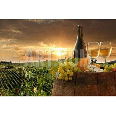 - White Wine with Barrel on Vineyard in Chianti, Tuscany, Italy Photo Print Wall Art By extravagantni
