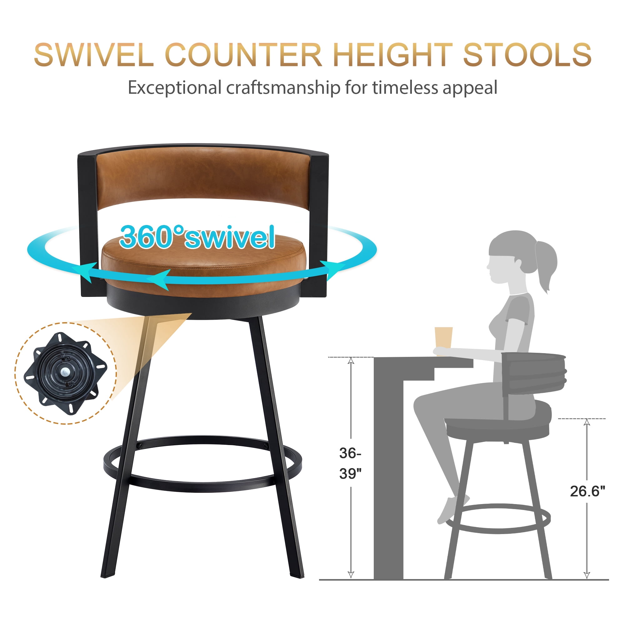 Zesthouse 26.6″ Swivel Bar Stools Set of 2, Faux Leather Upholstered Counter Height Chairs with Barrel Back & Matte Black Metal Legs, Modern Barstools for Kitchen Island, Brown