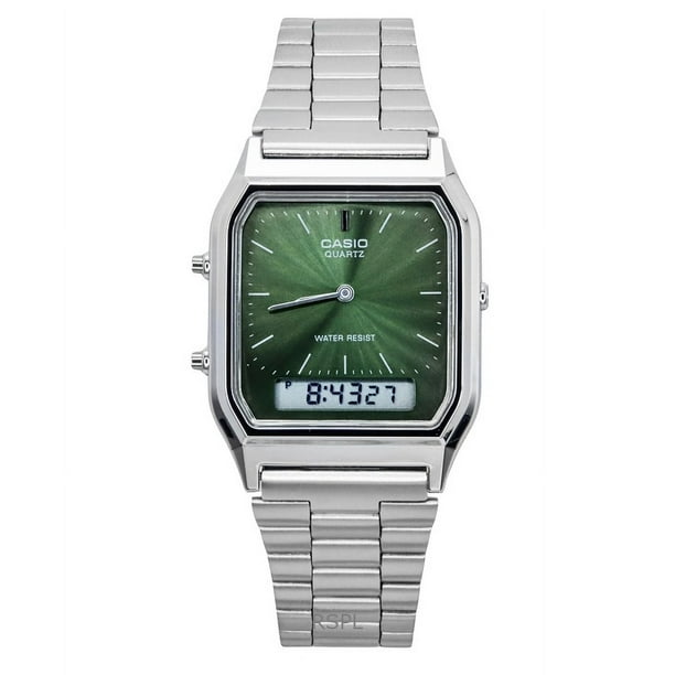 Casio Reloj Vintage Analógico-digital con Esfera Verde, Doble Huso Horario, Cuarzo, Modelo AQ-230A-3AMQY, Unisex.