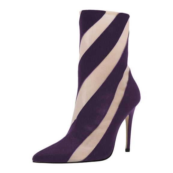 FSJ Women Sexy Pointed Toe Ankle Boots Elastic Mesh Multicolor Stiletto Heel Side Zipper Sock Booties Casual Shoes Size 8 Purple