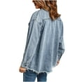 thumbnail image 4 of IROINNID Denim Jacket for Women Reduced Long Sleeve Turndown Lapel Light Wash Jean Jacket Solid Color Casual Button Down Frayed Hem Outerwear,Blue, 4 of 8