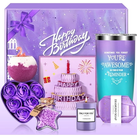 Birthday Gifts Baskets for Women, 7 Pcs Lavender Relaxing Bath Gift Sets, Beauty Birthday Gift for Her, Purple