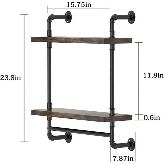 2-Tier Industrial Pipe Floating Wall Shelves with Towel Bar, Rustic Wood & 16" Metal Rack, Wall Mounted Storage for Bathroom, Kitchen, Living Room
