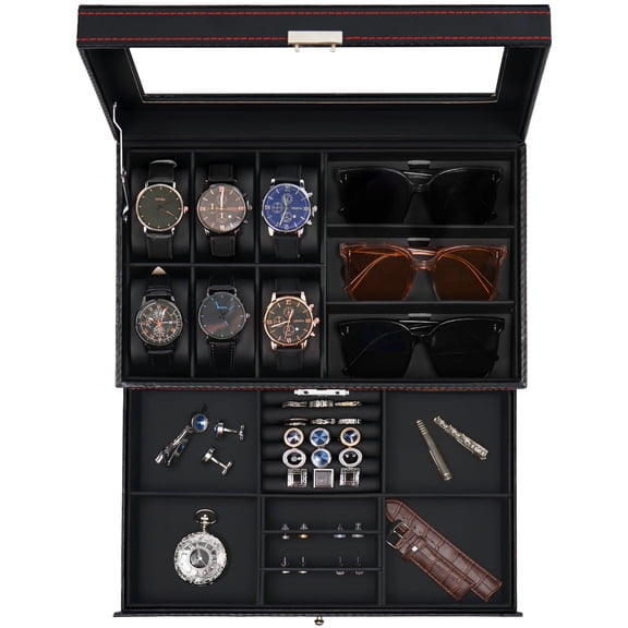 Haturi Watch Box Organizer for Men – 6-Slot Watch Case with 3 Sunglasses Slots, PU Leather Jewelry Storage with Drawer and Glass Lid