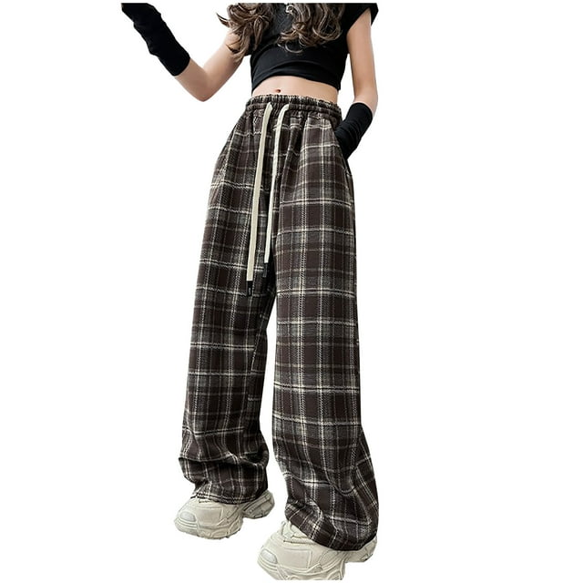 ShomPort Boys Girls Pants Plaid Pattern Drawstring Full Length Mid-Rise Waisted Stylish Streetwear Loose Wide Leg Trousers