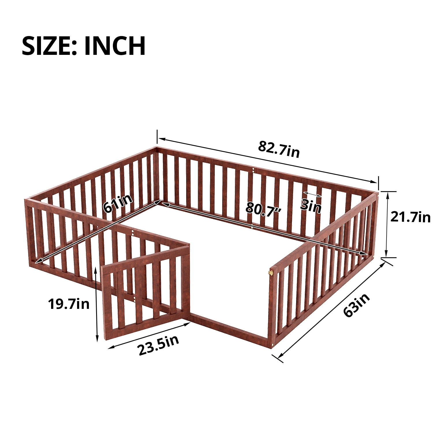 Queen Size Floor Bed with Fence and Door Platform Bed Frame with Safety Guardrails and Wood Slats Montessori Floor Bed for Girls and Boys, Walnut