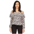 thumbnail image 1 of Michael Kors Womens Printed Stadium Ruffle Off the Shoulder Blouse, Black, Petite, PM, 1 of 1