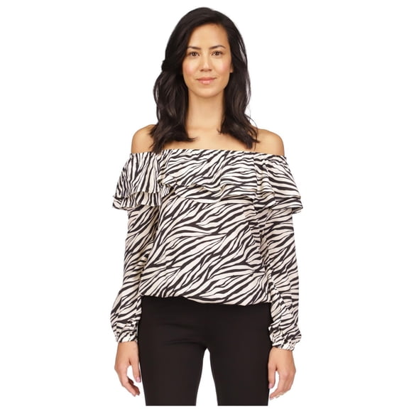 Michael Kors Womens Printed Stadium Ruffle Off the Shoulder Blouse, Black, Petite, PM