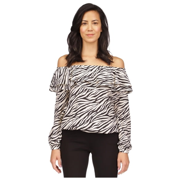Michael Kors Womens Printed Stadium Ruffle Off the Shoulder Blouse, white, Petite, PM