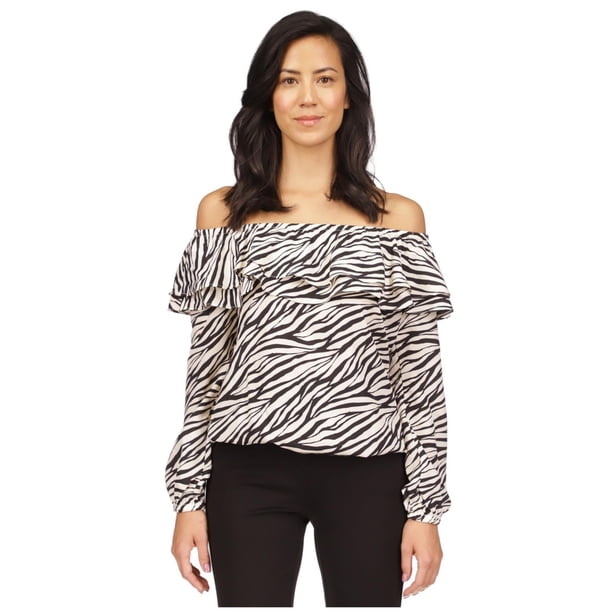 Michael Kors Womens Printed Stadium Ruffle Off the Shoulder Blouse, white, Petite, P/PS