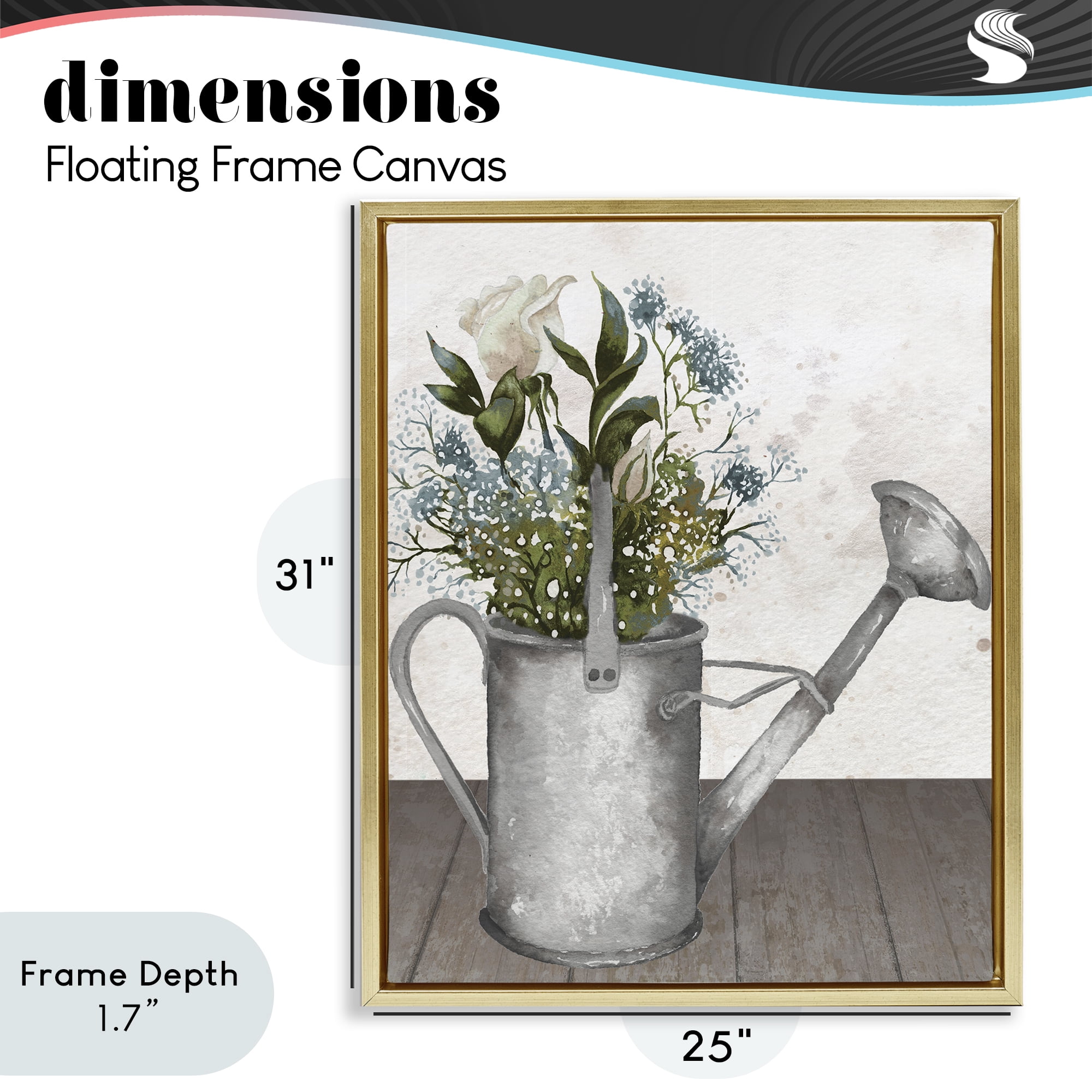 Stupell Industries Floral Pitcher Watering Can Gold Framed Floater Canvas Wall Art, design by Elizabeth Medley