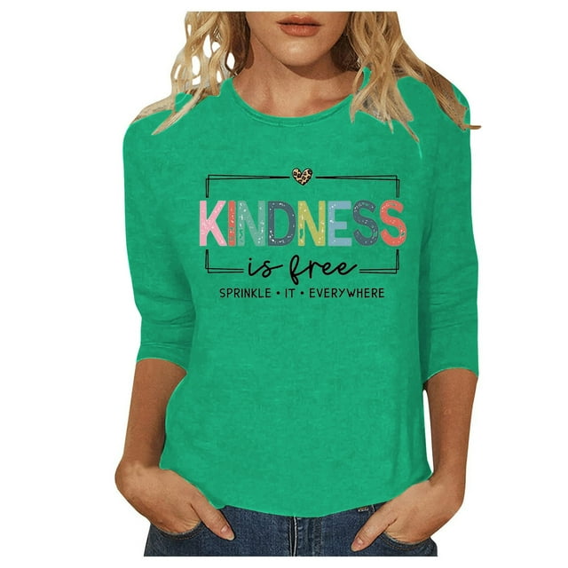 T-shirt Décontracté pour Femme à Col Rond avec Imprimé de Lettres, Manches 3/4