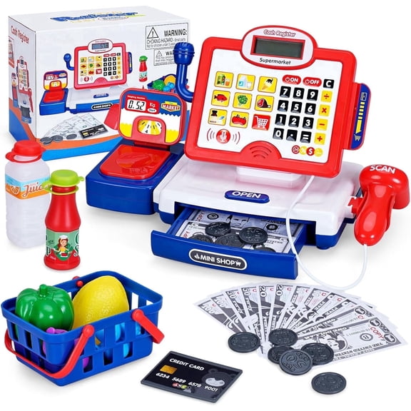 Toy Cash Register for Kids with Scanner, Play Money, Credit Card, Shopping Basket, Pretend Play Toys for Toddler 3-5-7 Years Old Boys and Girls
