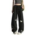 thumbnail image 2 of Women Wide Leg Sweatpants Puppy Embroidered Sport Elastic Waist-Ed Baggy Pants Drawstring Casual Fashion Funny Trousers, Black M, 2 of 4