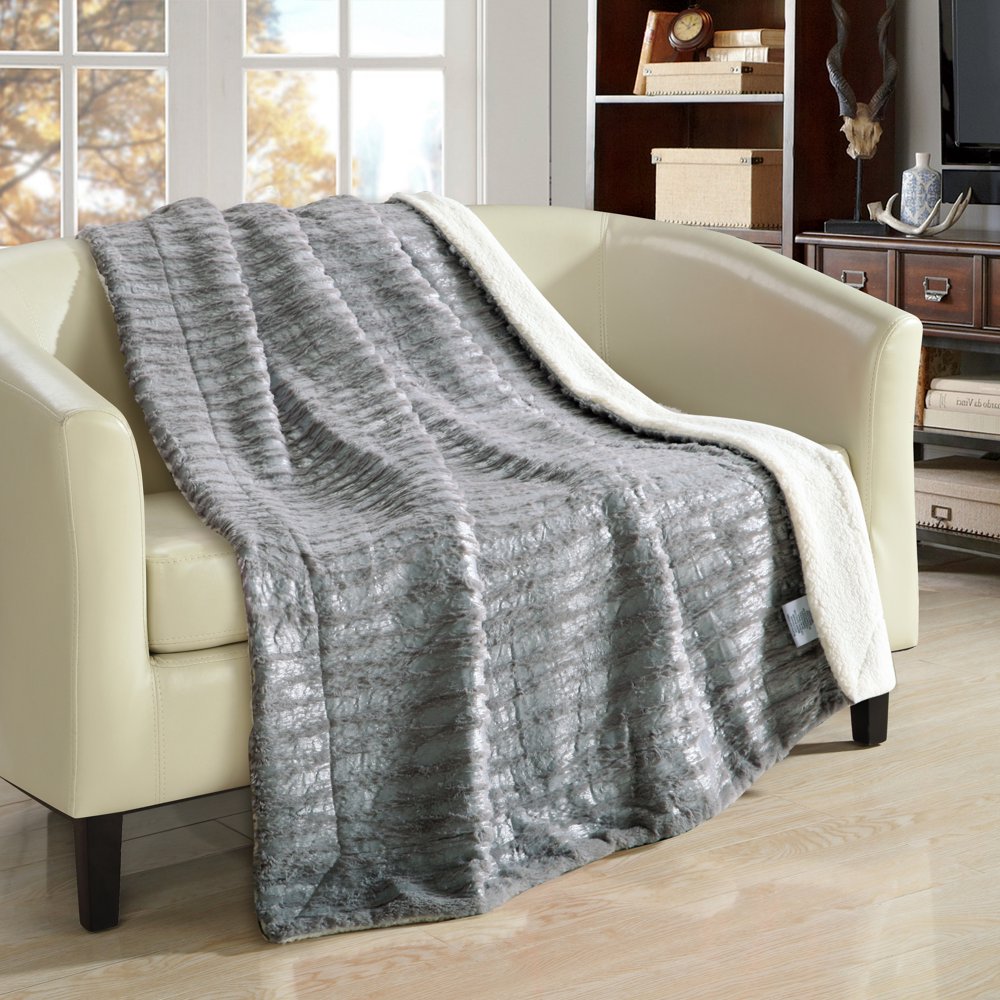 Chic Home Sechylles ULTRA PLUSH Micro Mink Silver Stamping Sherpa lined 50"x60" Sherpa Blanket