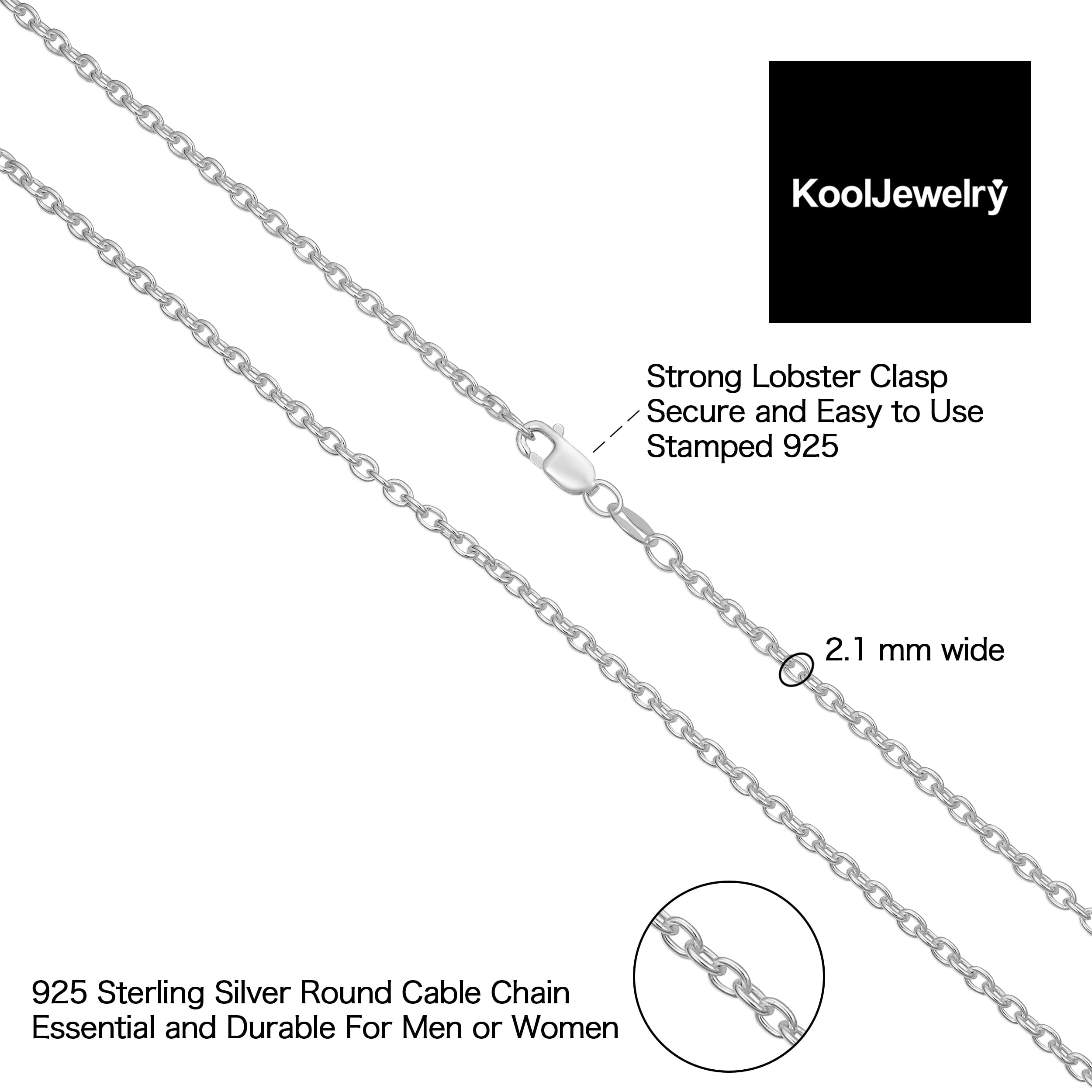 KoolJewelry 925 Sterling Silver Cable Chain Necklace (2.1 mm, 18 inch)