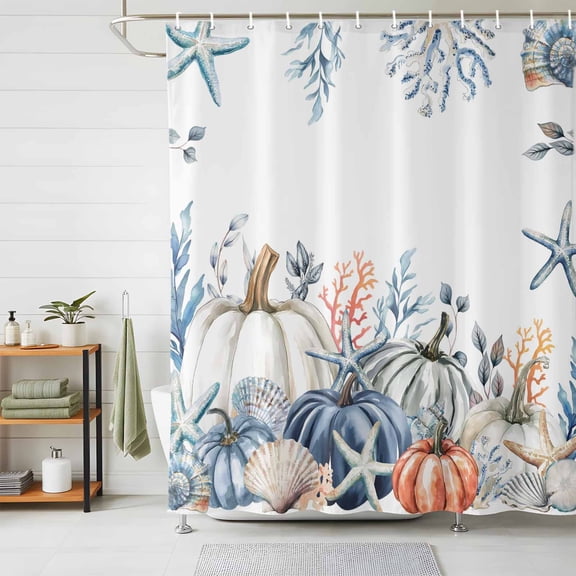 Shower Curtains for Bathroom, Blue Pumpkin Coastal Fall Waterproof Fabric Shower Curtain, Thanksgiving Starfish Summer Beach Decorative Bathroom Curtain for Bathtub, 36"x72", No Hooks Included