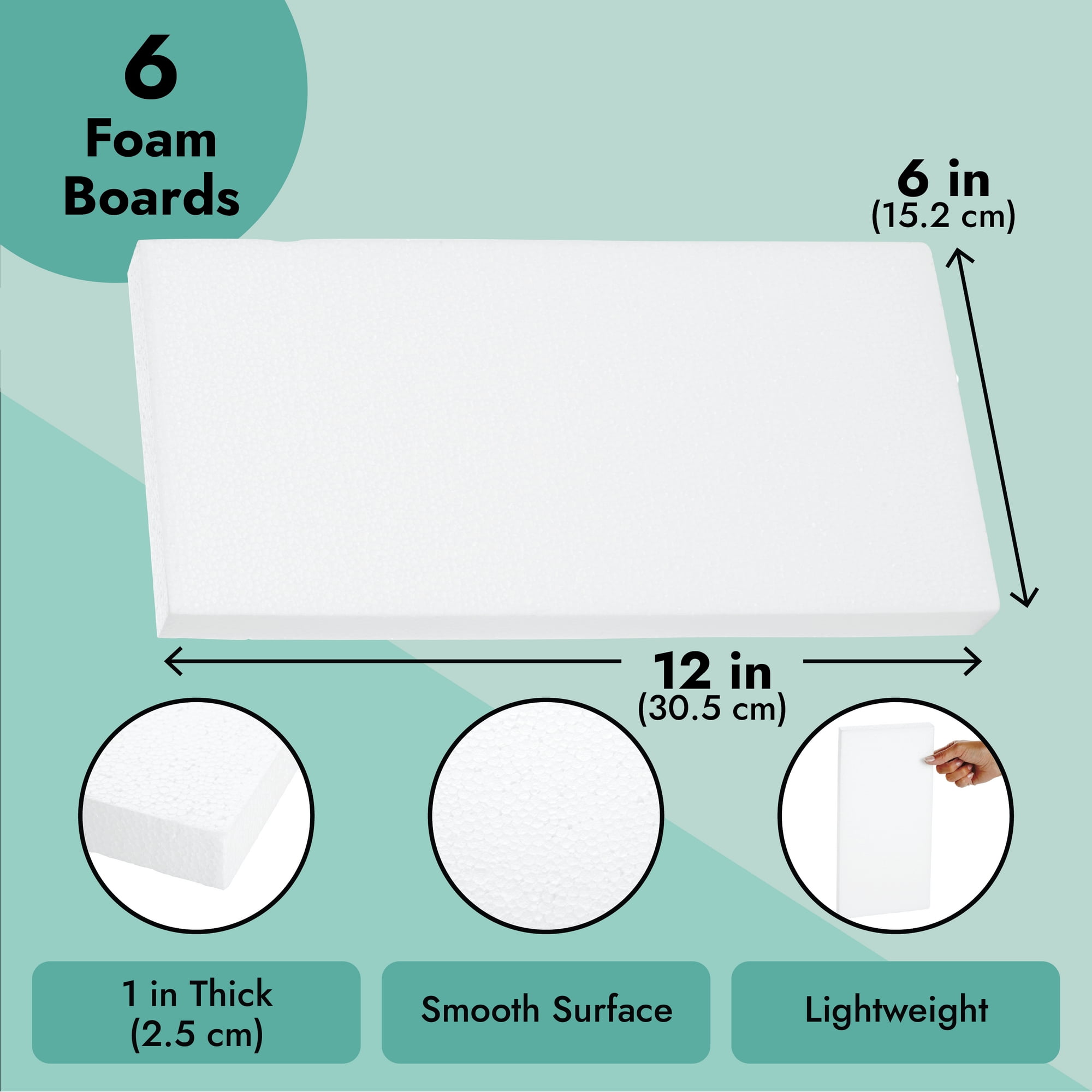 6 Pack White Foam Sheets 1 Inch Thick, Polystyrene Rectangle