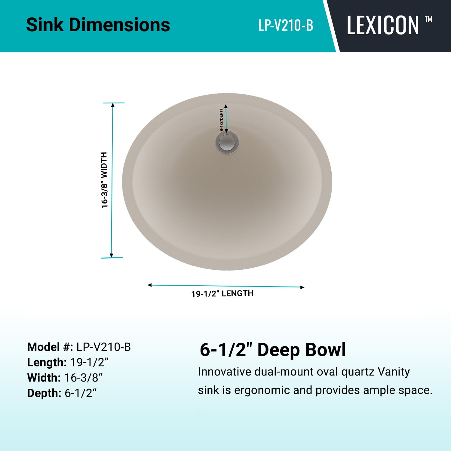 19" Oval Quartz Vanity Bathroom Sink, Galaxy Beige Drop-In Sink, Undermount Bathroom Sink, Granite Vanity Basin by Lexicon Platinum LP-V210-B