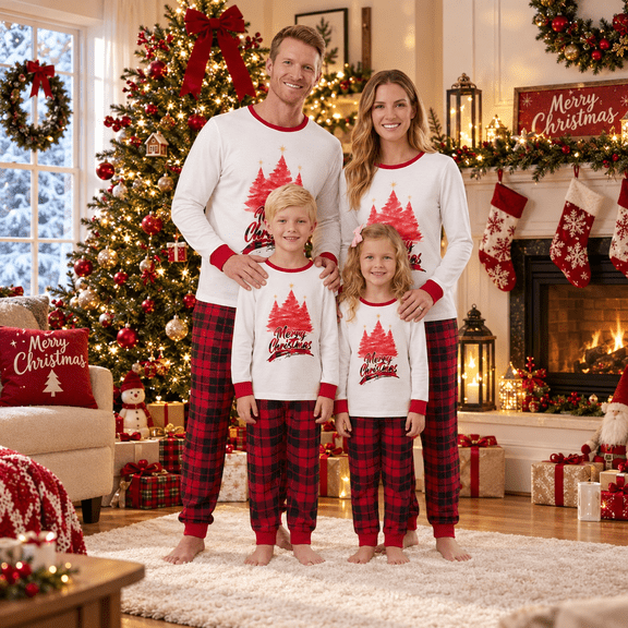 Matching Christmas Pajamas for Family Long Sleeve Tops   Plaid Pants Set