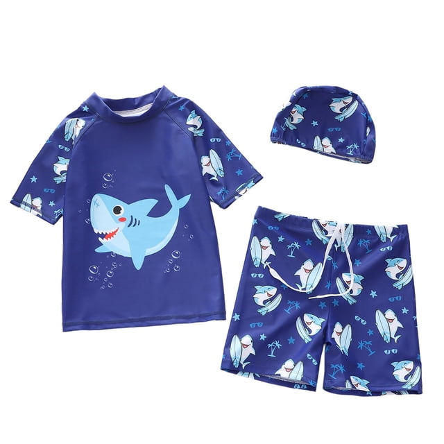 MIASHUI Boys 2 Piece Rash Guard Swim Set With Matching Trunks And Protective Swim Cap For Youth Swimming Pool And Beach Activities Navy,2-3Years