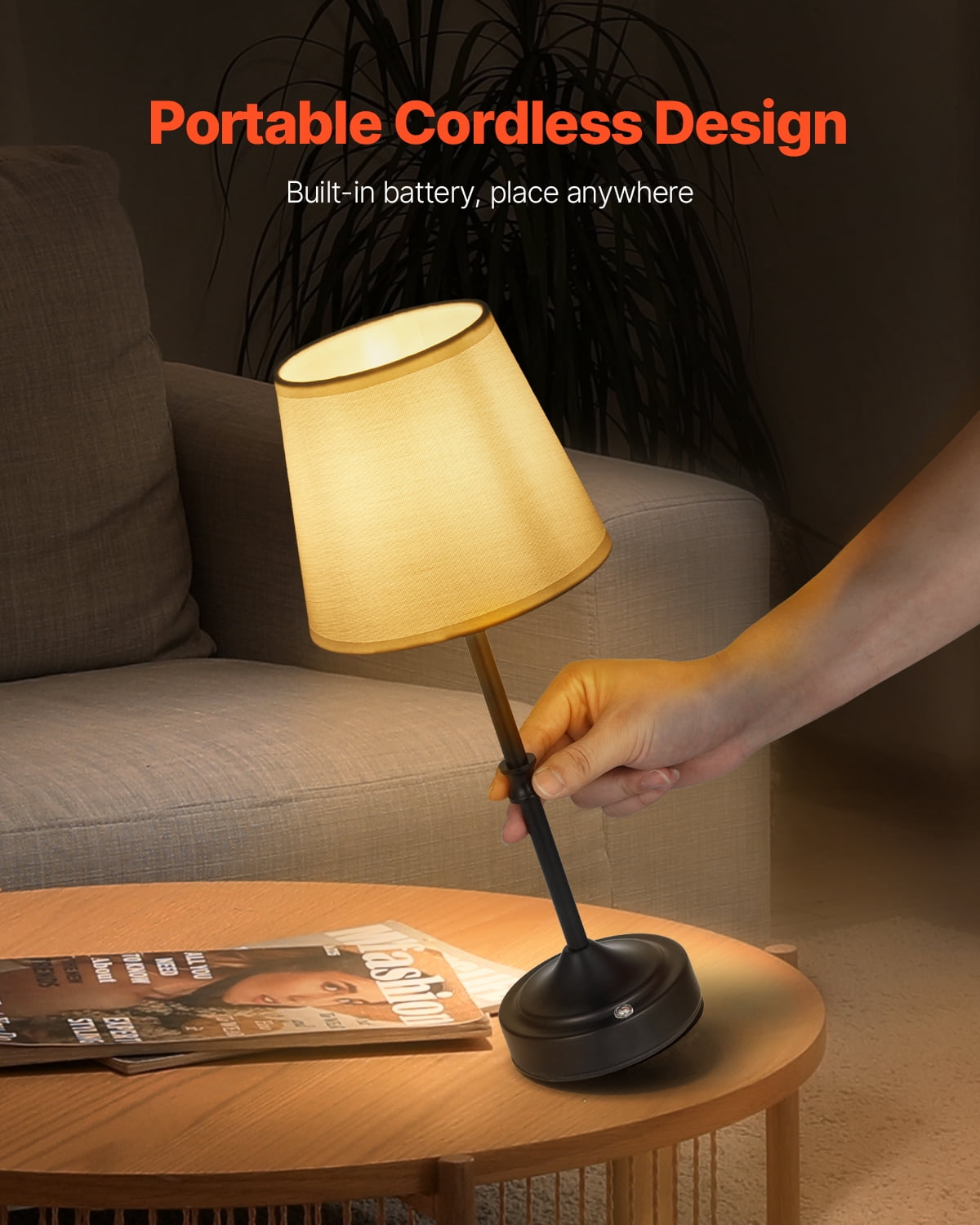 VEVOR Cordless Table Lamp, 5200mAh Built-in Rechargeable Battery Desk Lamp, 3-Level Brightness, Fabric Shade, 2700-3000K Color Temperature, Table Light for Restaurant, Bedroom, Bar Counter, Black