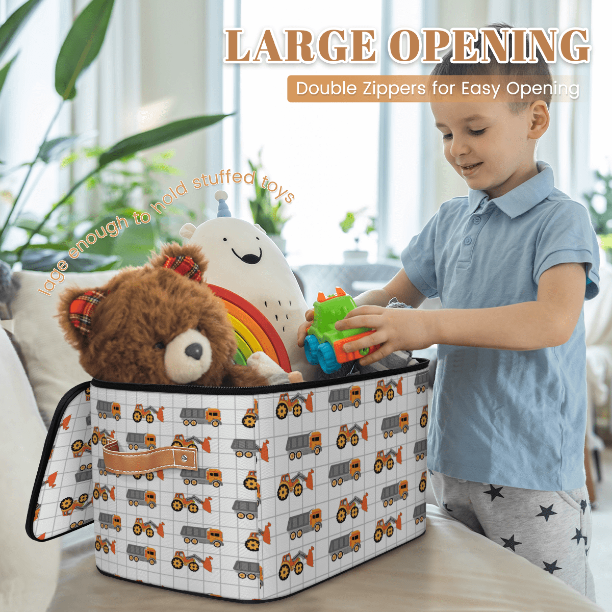 Storage Bins with Zipper Lid,Collapsible Organizer Box for Bedroom Living Room,Toys Clothes Pet Stuff, Construction Vehicle Print 14x10.2x10.4 Inch