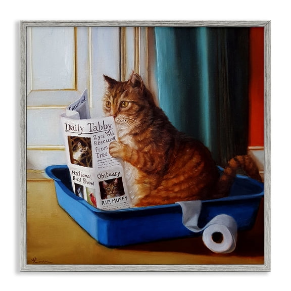 Stupell Industries Bohemian Litter Box Reading Funny Cat Gray Framed Giclee Art, 12 x 12, by Lucia Heffernan