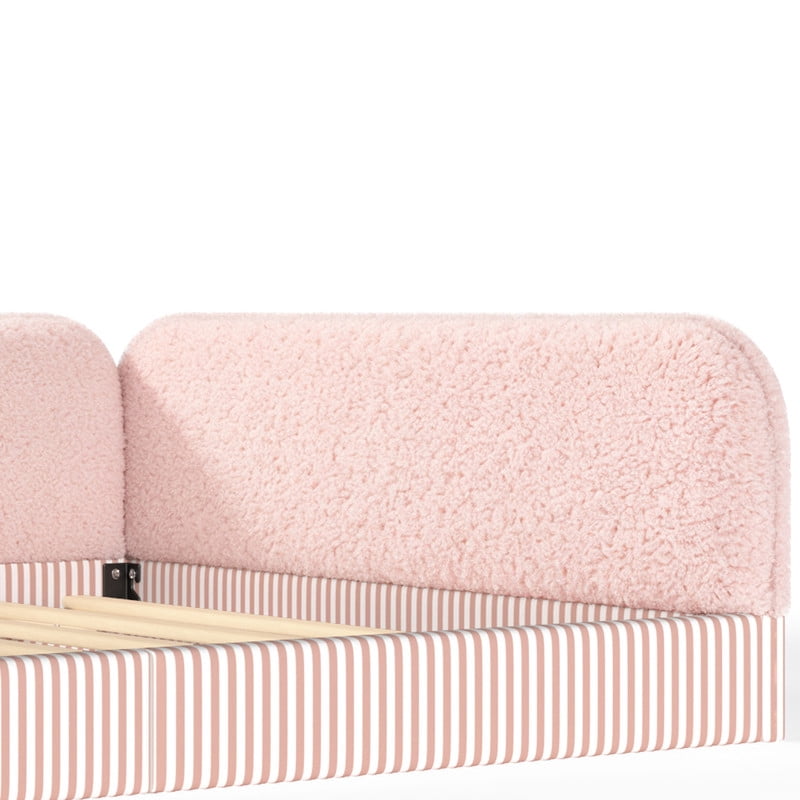 Queen Size Upholstered Floor Daybed Frame for Kids, Half-Enclosed Montessori Platform Bed with 3-Sided Surrounding Guardrails