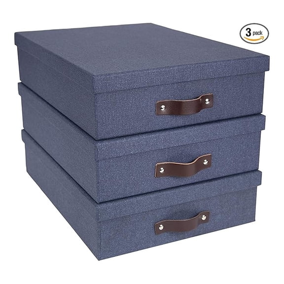 Bigso Oskar Canvas Fiberboard Document Letter Box - File Organizer Box for Important Paperwork - Document Storage with a Lid & Handle - 3.3 in x 10.2 in x 13.8 in - 3 Pack - Blue