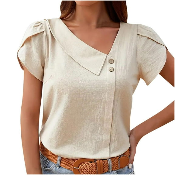 STETMN Pleated Short Sleeve Tops for Women Asymmetrical V Neck Blouses Casual Business Dressy Shirts
